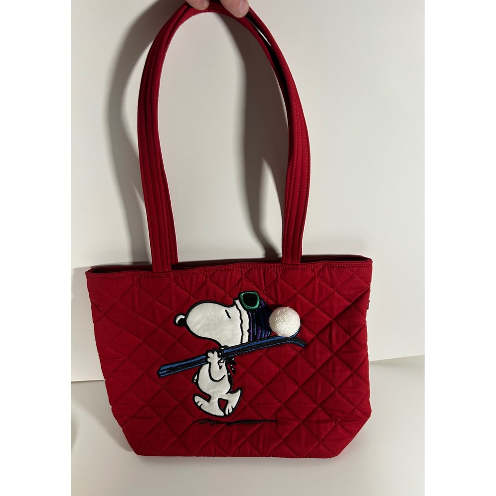 Vera Bradley Peanuts Snoopy Skiing Quilted Red Tote Bag Zip Top Holiday Winter